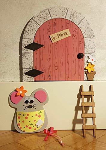 Puerta ratoncito Pérez MADERA ROSA QUE SE ABRE + escalera + ratón guardadientes.