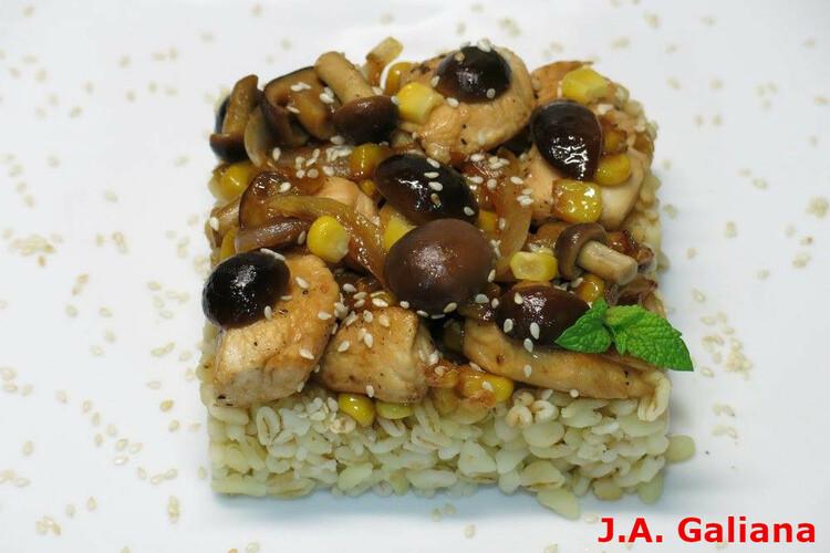 Setas de chopo con pechuga, trigo, maíz y sésamo en salsa de soja. Crédito Javier Marcos