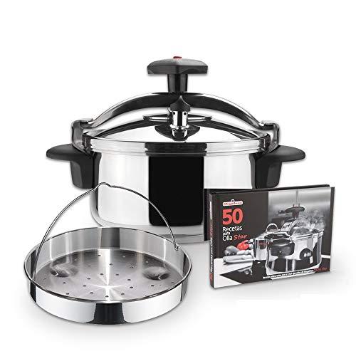 MAGEFESA STAR Olla a presión rápida. Pack exclusivo Olla+Cestillo+Libro de recetas. Fácil uso, acero inoxidable 18/10, apta para todo tipo de cocinas, incluido inducción, 3 sistemas de seguridad. (4L)