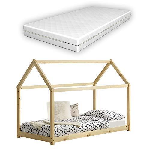 Cama para niños de Madera Pino con Colchón Ortopédico 80 x 160 cm Cama Infantil Forma de casa Pino Natural