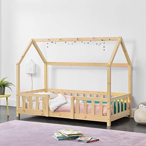 Cama para niños de Madera Pino 70 x 140 cm Cama Infantil con Reja Protectora Forma de casa Casita Pino Natural