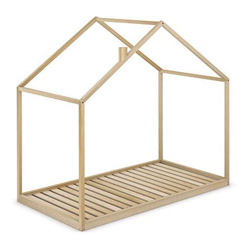 Cama Infantil Tipo Montessori Space, Casita Madera Natural para niño y niña, 90x190 cm