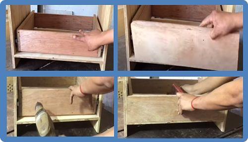 Proceso de colocación de tapa frontal del cajón con ayuda de taladro y prensa tipo G