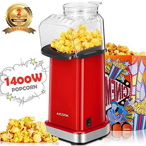 Aicook Palomitero,2020 Nuevo 1400W Maquina de Palomitas con Aire Caliente Sin Grasa Aceita, Tapa Removible, Fácil de Usar, Rojo