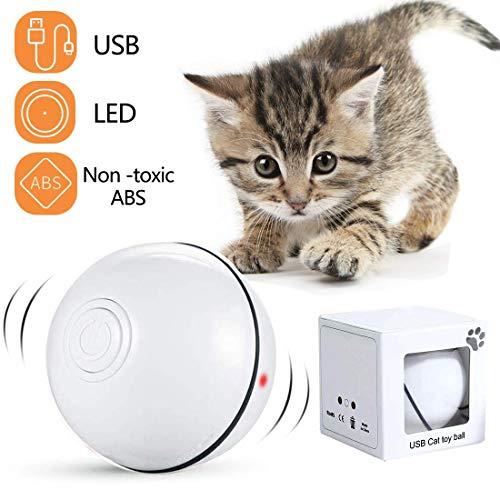 Bola de Gato, Juguetes para Gatos Pelotas, Carga USB Bola Giratoria Automática, Bola Eléctrica de 360 Grados Juguete Interactivo con luz LED para Ejercicio Animal Doméstico Gatos y Perros (Blanco)