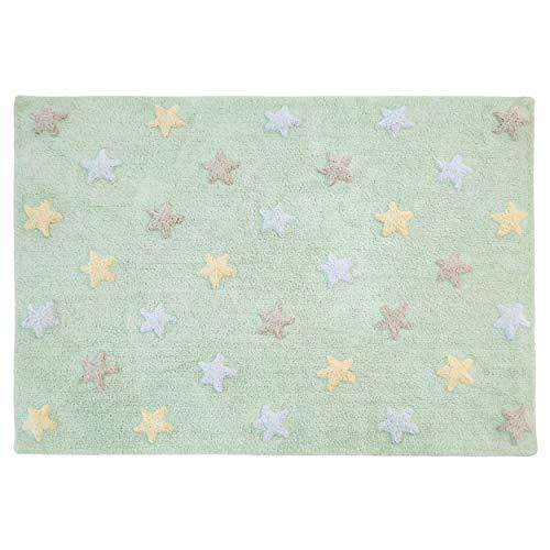 Lorena Canals Tricolor Estrellas Lavable Alfombra, algodón, Suave, Verde Menta, 120 x 160 x 30 cm