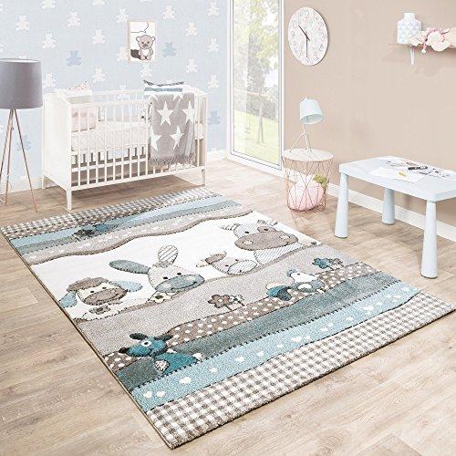 Paco Home Alfombra De Habitación Infantil Contorneada con Animales De Granja En Beige Crema Colores Pastel, tamaño:80x150 cm