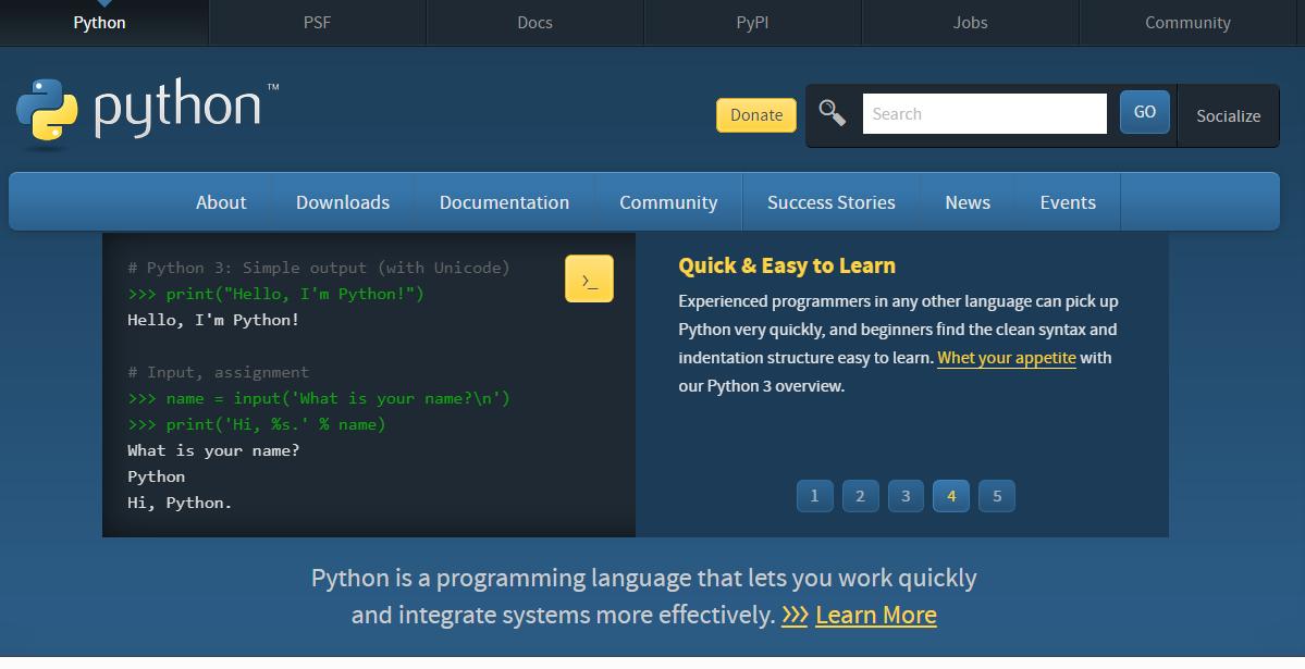 Sitio web oficial de Python. Descarga de instalador. Curso básico de Python