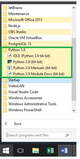 Acceso a las herramientas de Python. Menú Inicio de Windows