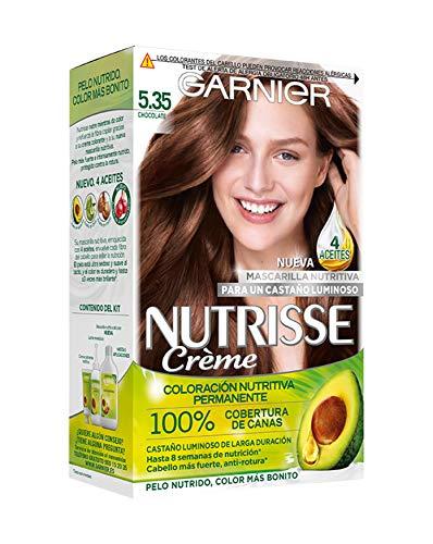 Garnier Nutrisse Creme Coloración Nutritiva Permanente, Tinte 100% Cobertura de Canas con Mascarilla Nutritiva de 4 Aceites - Tono 5.35 Chocolate