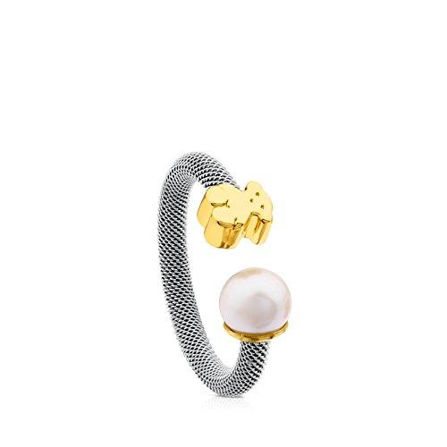 Anillo TOUS Icon Mesh de acero y oro amarillo de 18kt con perla de 0,65-0,7 cm