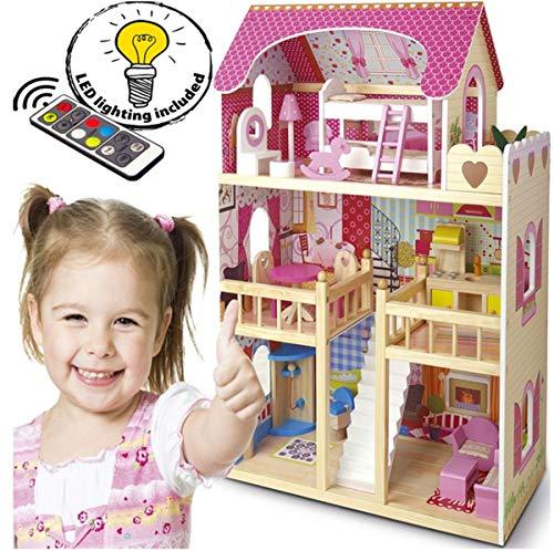 Leomark Casa de Muñecas de Madera - Bella Residencia - Equipo Completo, con muñecas, Excelente Calidad, Accesorios adicionales Color Rosa LED juego de control remoto