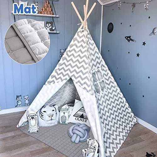 Teepee Tent para niños con colchoneta Acolchada - Tienda de campaña para niños y niñas de Interior y Exterior, Gris Chevron Heavy Cotton Canvas Teepee