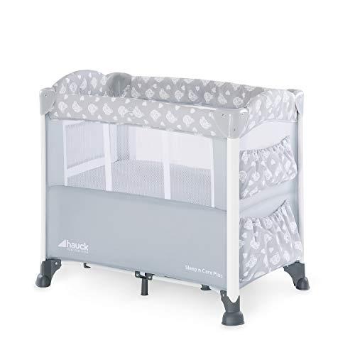 Hauck Sleepn Care Plus - Minicuna, 5 piezas, con colchón, ruedas, bolsas, barandilla lateral de bajar para acceder al bebe, bolsa de transporte, plegado fácil, gris