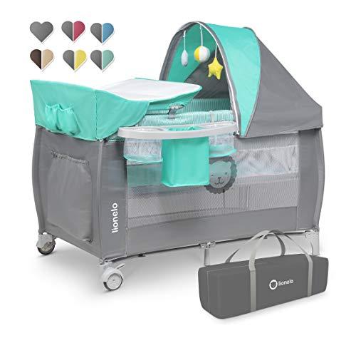 Lionelo Sven Plus 2en1 Cuna de viaje y parque de bebés 125 x 65 x 77 cm 0-36M Para niños hasta 15 kg Función de cambiador Mosquitero Apertura lateral con cremallera Ajuste de altura Gris y turquesa