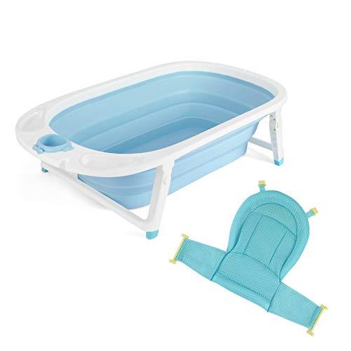 Fascol Bañera Bebé Plegable con Tapón de Drenaje Sensible y Red de Seguridad, Bañeras para Bebés de 0 a 36 Meses Antideslizantes Con Patas, 80 X 48 X 23 cm, Azul