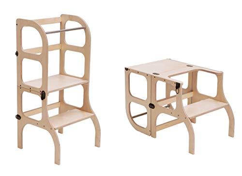 Descapotable Torre de Aprendizaje/Mesa StepnSit, all-in-one, Montessori learning tower - DE MADERA/antique BRASS clasps