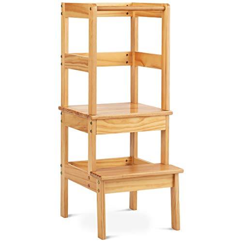 COSTWAY Torre de Aprendizaje Ayudante de Cocina Para Niños Carga hasta 70kg Taburete de Madera Silla de Aprendizaje para Niños