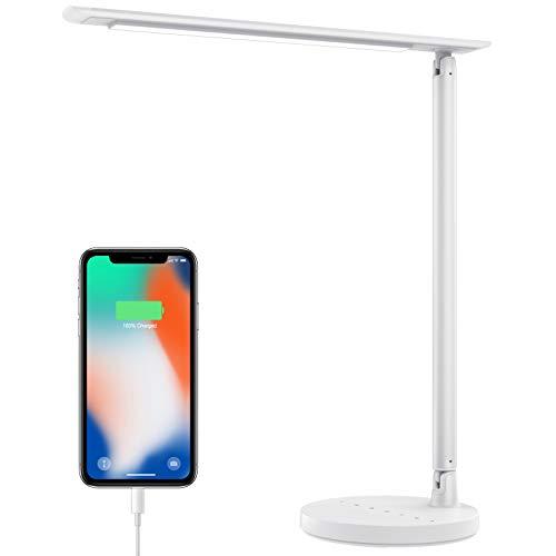 HETP Lámpara Escritorio LED Protección Ocular, lámpara de mesa con Potencia hasta 18W + 5W, Flexible, Regulable, Plegable, 7 niveles Brillo, Control Táctil Sensible, Función de Memoria, Puerto USB