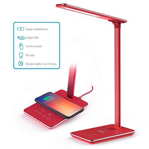 FLUXS - Lámpara Escritorio LED con Carga Inalámbrica Wireless y Puerto USB, Flexo de Lectura con 4 Modos y 10 Niveles de Brillo, Control Táctil Regulable y Temporizador, Bajo Consumo (Rojo)