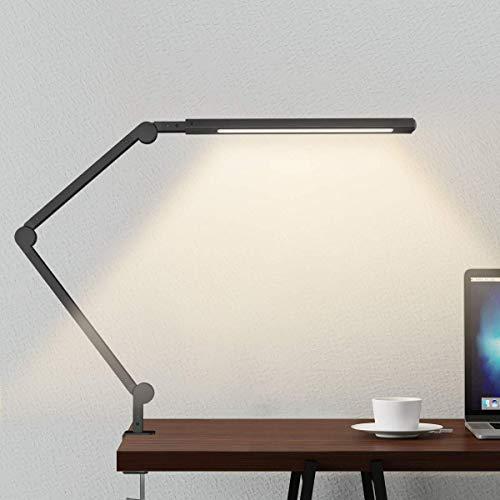 Lámpara Escritorio LED, Wellwerks 9W Lámpara de Mesa Abrazadera Brazo Oscilante Luz Regulable con 6 Modos de Color + Temporizador + Memoria para Lectura Trabajo Oficina (Negro)