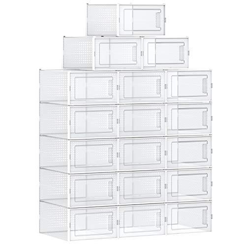SONGMICS Cajas de Zapatos, Paquete de 18 Organizadores de Almacenamiento, Plegables y Apilables para Zapatillas hasta Talla 44, Transparente y Blanco LSP18MWT