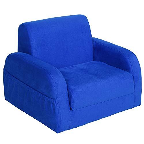HOMCOM Sillón para Niños Sofá Transformable Diseño 2 en 1 Cama Infantil Plegable de 2 Posiciones con Reposabrazos Asiento Ancho Acolchado Cómodo 51x45x38 cm Azul
