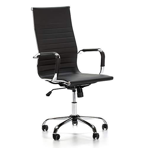 VS Venta-stock Sillón de Oficina Londres reclinable Negro, Piel sintética, Silla ejecutiva con reposacabezas y conjín engrosados, Altura Ajustable, Diseño ergonómico