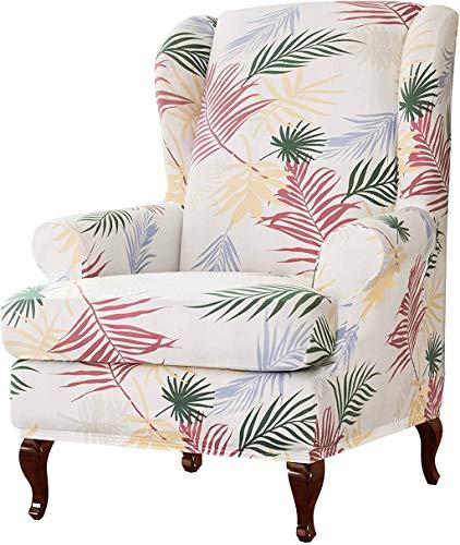 CLGTY Elástica Funda De Sillón Orejero 2 Piezas, Hojas Estampado Fundas De Sillón para Salón, Poliéster Fabric Funda De Sofá Protector para Muebles-Blanco-2 Piezas