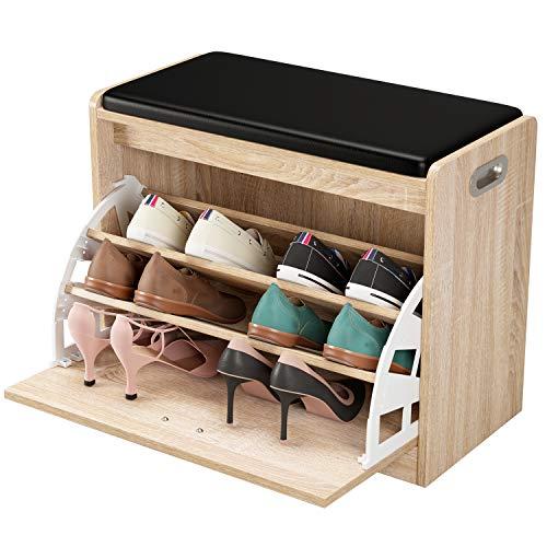 Homfa Zapatero con Asiento Banco Zapatero Roble Organizador para Zapatos con 3 estantes