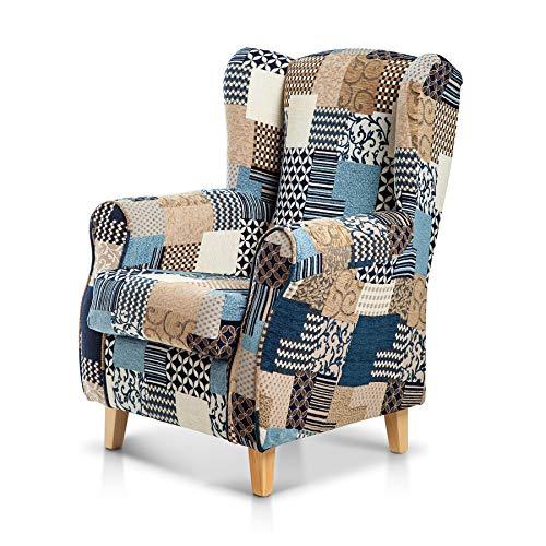 SUENOSZZZ-ESPECIALISTAS DEL DESCANSO Sillón Orejero Butaca Moderna Tapizado Patchwork Color Azul Sillones de Salón, Lactancia, Dormitorio, Lectura