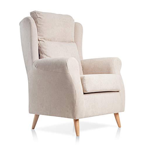 SUENOSZZZ-ESPECIALISTAS DEL DESCANSO Sillón orejero Dulce con Patas nórdicas butaca tapizada en Tela Antimanchas Color Beige