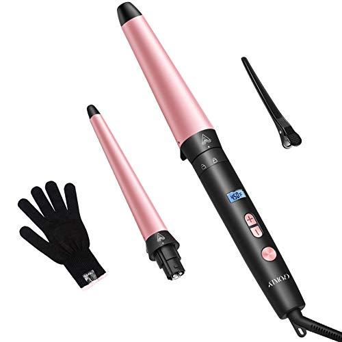 Homitt Rizador de Pelo Profesional 2 en 1 set con Conos Temperatura Ajustable Cerámicas de Turmalinas Intercambiables, 13-25mm 25-38mm Planchas rizadoras no Dañar el Pelo, con Guante (ROSA)