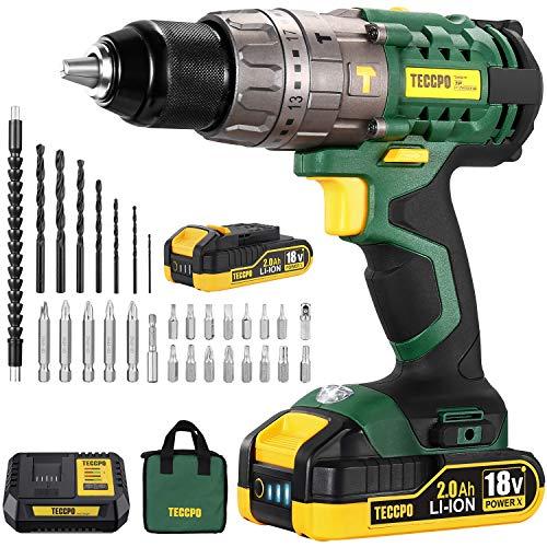 Taladro Atornillador 18V, TECCPO Taladro Percutor, 60 Nm, 30min Cargador Rapido, 2x 2.0AhBaterías Litio 18V, 13 mm Mandril Portabrocas Automatico,Taladro con Percusión-TDHD01P