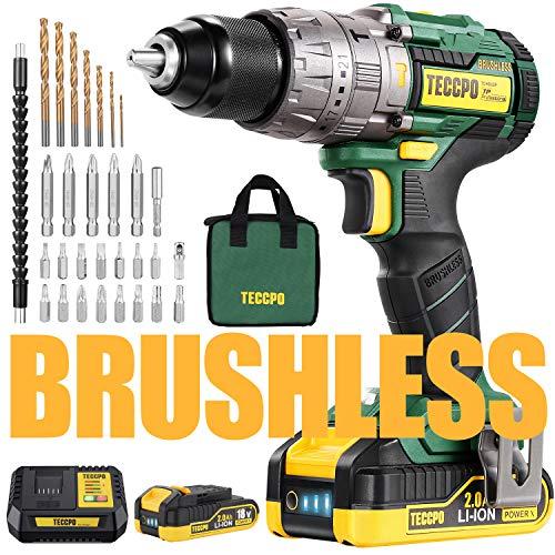 Taladro Atornillador Brushless, TECCPO Taladro Percutor a Batería 18V, 2×2.0Ah Baterías de Litio, 30min Cargador Rápido, 21+3 Ajustes Par, 35 Accesorios, 2 Velocidad Ajustable-TDHD02P