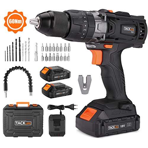 Taladro Atornillador 18 V, TACKLIFE Taladro Percutor,Max 60 Nm, 2x 2.0Ah Baterías Litio 18V, 13 mm Portabrocas Automatico,1H Carga Rápida - PCD04B