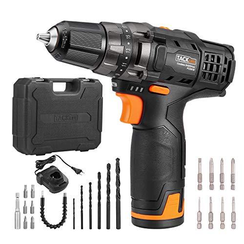Taladro Atornillador 12V, Tacklife PCD01B Destornillador Eléctrico, Par Máx.27N.m 19 + 1 con Selección de Marcha, Cargador 100-240 V, Mandril de Bloqueo 10mm, 6 Brocas, 6 Puntas, 1 Extensor, Luz LED