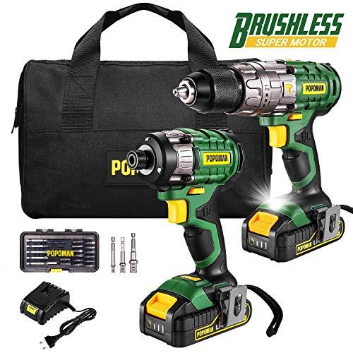 Taladro Atornillador 18V, POPOMAN Taladro Percutor Brushless set, Taladro Inalámbrico 60Nm, Atornillador Batería 220 Nm, 3 Velocidades, 2 Baterías de 2.0 Ah, Cargador rápido, 35PCS Accesorios-MTD680B