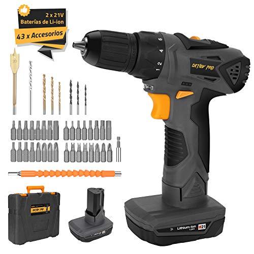 Taladro Atornillador 21V, DETLEV Pro Destornillador Elétrico 240W con 2 Baterías de Li-ion 1.5Ah, 2 Velocidades, Máximo Par 42N.m, 42 Accesorios, 8104