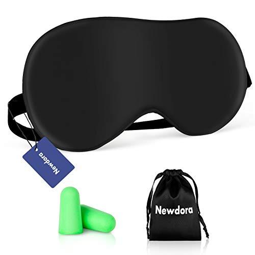 Newdora Antifaz para Dormir Tejido de Seda Natural Pura Ultra Suave y Agradable para la Piel Mascara de Dormir Relleno de Algodón Natural con Correa Ajustable y Tapón para los Oídos para Viajar y Casa