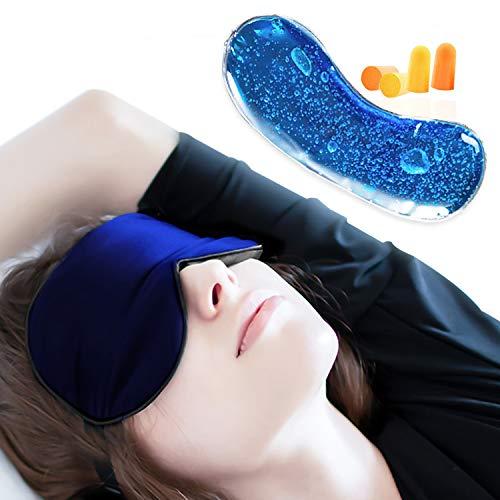 Antifaz para Dormir con Antifaz de Gel, JAANY 100% Seda Pura Anti-Luz Máscara de Ojos, Máscara de Dormir con Tapón de Oído y Ajustable Correa (Azul oscuro)