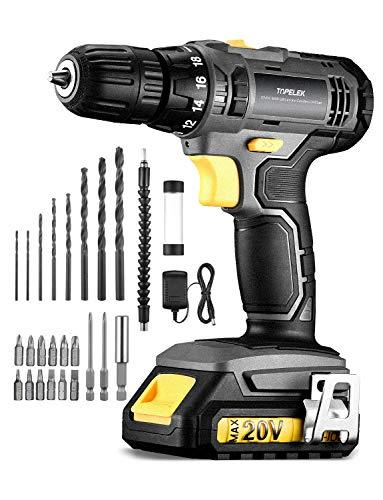 TOPELEK Taladro Atornillador 20V, Kit de Taladro Eléctrico con 27 Accesorios, 35 N.m, 1500mAh Batería de Litio, 2 Velocidades, con Luz LED, 18 + 1 Ajuste de Torque
