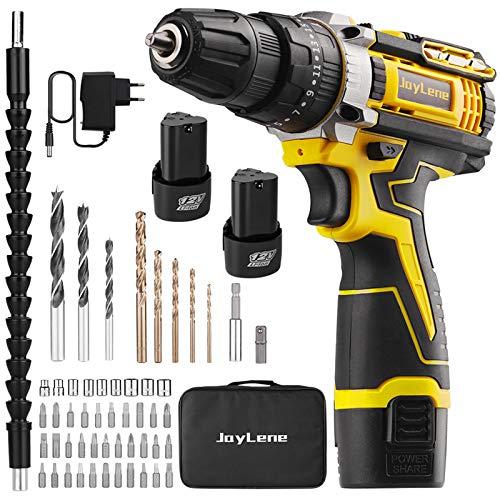 JayLene Taladro Atornillador 12V Tiene un Modo de Trabajo 3 en 1Atornillador ElectricoPerforaciónTaladro Percutor a Batería,Equipado con 2 x 1500mah Batería28N.m Par Máx,Luz de Trabajo LED etc.