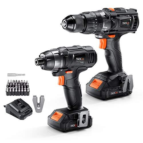 Taladro atornillador eléctrico, destornillador de impacto, TACKLIFE 18V Taladro combinado, 13 mm portabrocas, 2 velocidades, 16 + 3 posiciones, 180Nm destornillador de impacto, 2 baterías de 2.0Ah