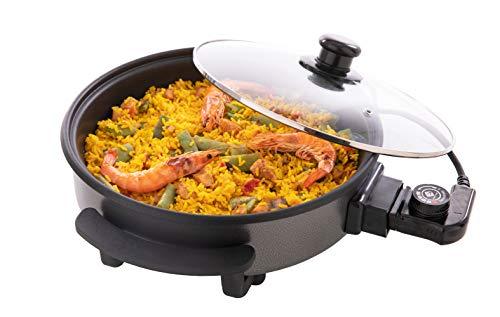 Family Care Sartén eléctrica, paellera eléctrica multifunción, tapa vidrio, diámetro 32 cm, profundidad 5 cm, 1500 W, termostato 240ºC