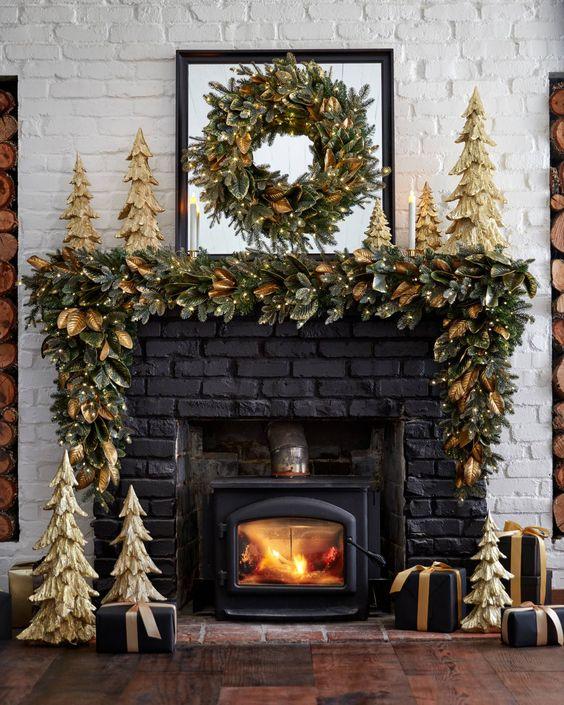 chimenea navideña decoracion navidad dorada dorado verde lujoso