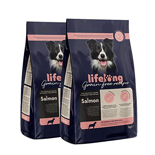 Marca Amazon - Lifelong Alimento seco completo para perros de razas medianas y grandes,con salmón fresco, receta sin cereales - 5 kg * 2