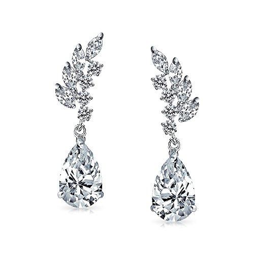 Prom Hoja Nupcial Lágrima Caídaforma Pera, Zirconio Cúbico Clusters Feria Pendiente Latón Chapado Plata 1,3 Pulgadas