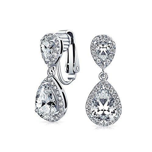 Cz Nupcial Halo Prom Colgante Drop Clip Pendientes Zirconia Cúbico De Latón Chapados En Plata.