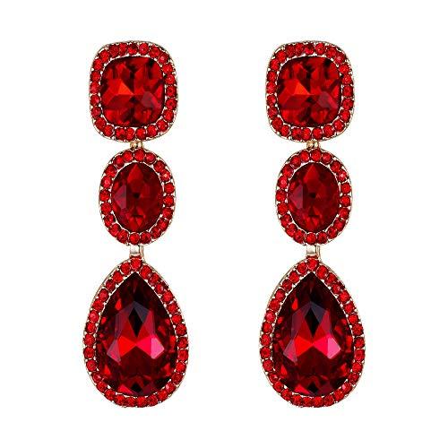 EVER FAITH Rhinestone Cristal Fiesta Moda Nupcial Lágrima Aureola Pendientes Colgantes Halo Rojo Tono Dorado